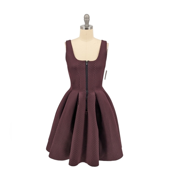 01428 NEW Maje Polka Dot Laser Cut Pleated Fit & Flare Dress Maroon Black Sz 1/S